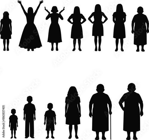 Female life stages silhouettes from child to senior woman showing growth, aging process, family generation timeline illustration design