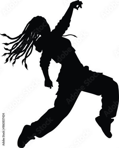 Energetic hip hop dancer silhouette jumping in motion, representing freedom, passion, urban culture, street dance, music, youth, creative lifestyle concept