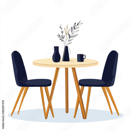 Modern dining room furniture set with table and chairs.