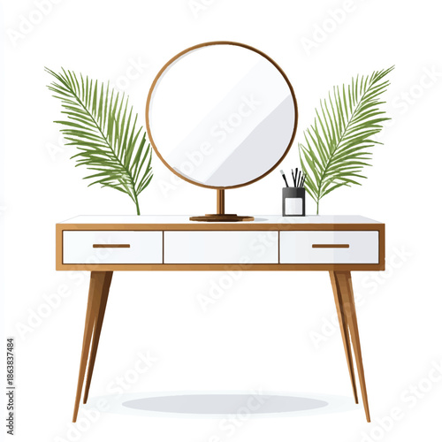 Modern Dressing Table with Round Mirror and Decorative Plants
