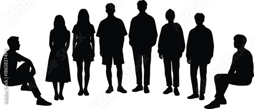 Group of people silhouettes standing and sitting together, representing teamwork, diversity, community, unity, leadership, collaboration, social connection illustration concept