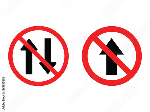 No Straight Ahead and No Two Way Traffic Prohibition Signs Isolated on White Background