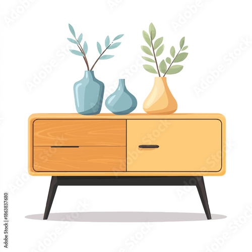Modern Wooden Sideboard with Decorative Vases and Greenery.