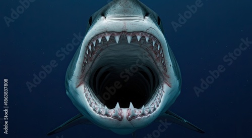 Close up of great white shark mouth open underwater showing teeth