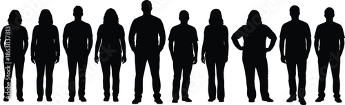 Group of standing people silhouettes showing men and women diversity, teamwork, community, society concept, modern lifestyle illustration design