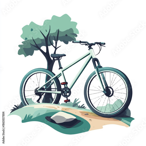 Mountain bike parked near a tree on a dirt path ready for adventure