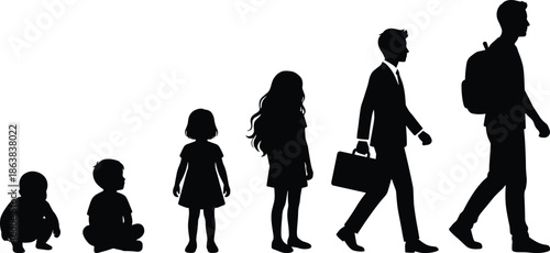 Human growth stages silhouettes from baby to adult career life, representing development, education, profession, success, future, progress, life journey concept