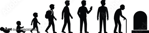 Human life cycle silhouettes from baby to old age and death, showing growth, aging, technology, mortality, evolution, timeline illustration