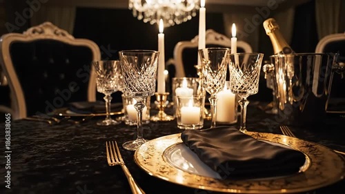 Elegant Dinner Table Setting With Crystal Glassware And Candlelight For Luxury Event