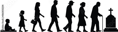 Human life journey silhouettes from childhood to old age and death, representing growth, aging, evolution, family, generations, timeline concept illustration