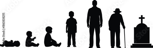 Human life stages silhouettes from baby to old age and death, representing growth, aging, evolution, generations, timeline, mortality concept illustration