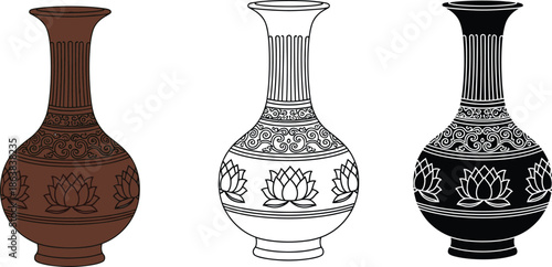 Three traditional Indian vases with intricate designs and lotus flower patterns on a white background