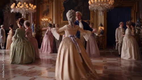 Elegant ballroom dancing scene with people dressed in historical attire and chandeliers enhancing the ambiance Stock Video