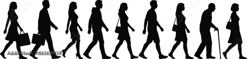 People walking silhouettes showing life journey from youth to old age, representing growth, career, aging, progress, development, lifestyle timeline concept