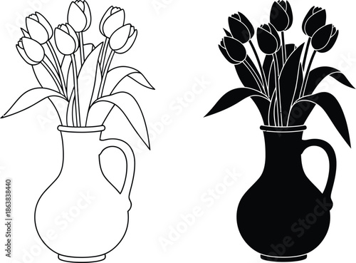 A colorful illustration of tulips in a vase with different color variations and styles.