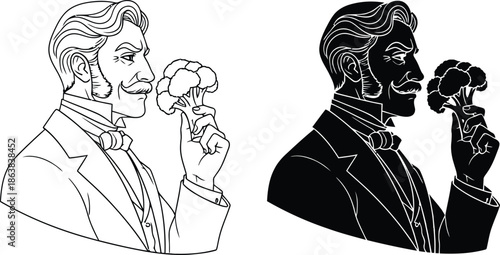 A cartoon man in a tuxedo holding broccoli in different color variations and styles