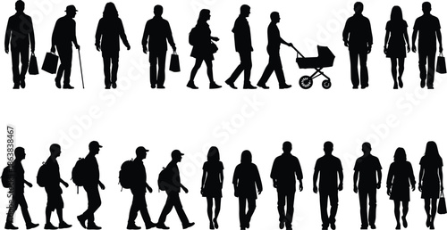 People walking silhouettes set showing commuters, families, shoppers, travelers, parents with stroller, urban lifestyle movement, daily routine crowd illustration concept