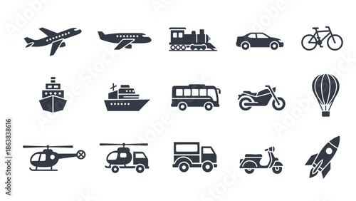 Transportation icons set for travel and logistics design, Generative AI.