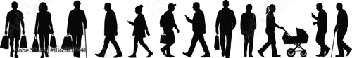 People walking silhouettes with shopping bags, phones, stroller and seniors, representing everyday life, urban lifestyle, generations, movement, society concept illustration