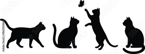 Playful cat silhouettes chasing butterfly, showing pet behavior, curiosity, movement, fun, freedom, animal life, cute nature illustration concept design