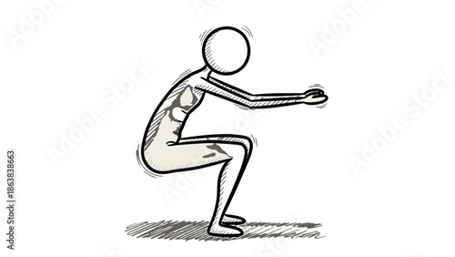 Stick Figure Man Sitting and Resting on a Surface on Isolated White Background, Taking a Relaxed Break