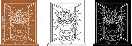 A colorful illustration of flowers in a vase on a windowsill with different line art styles