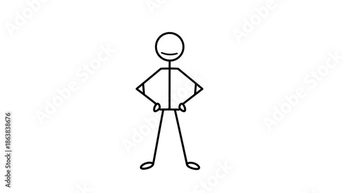 Stick Figure Man Standing Confidently with Hands on Hips on Isolated White Background