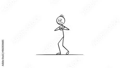 Grateful Stick Figure Man Showing Respect with Hands Clasped on Isolated White Background, Expressing Prayer or Humility