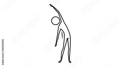Flexible Stick Figure Man Stretching Sideways on Isolated White Background, Focused on Exercise and Body Movement