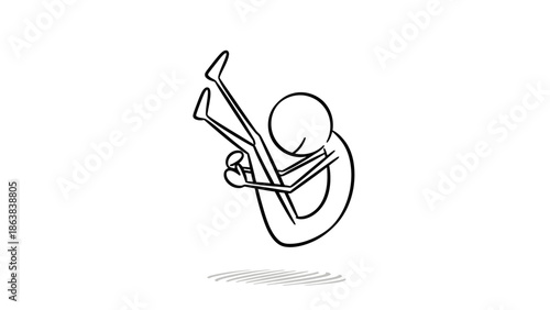 Stick Figure Person Curled Up and Tumbling Downwards, Depicting a Dynamic Fall or Loss of Control on an Isolated White Background