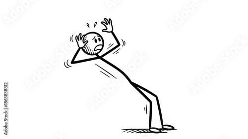 Stick Figure Cartoon Man Falling with Hands Up and Mouth Open, Expressing Shock or Surprise on Isolated White Background.