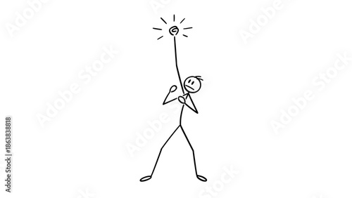 Stick Figure Person with a Lightbulb Above Their Head, Signifying a Bright Idea or Eureka Moment on an Isolated White Background