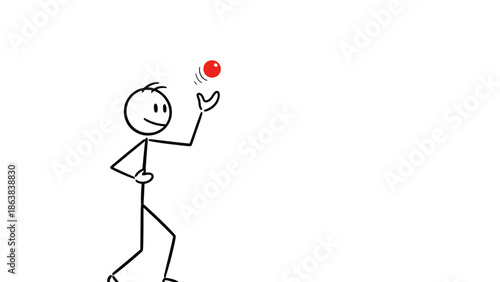 Happy Stick Figure Person Skillfully Juggling a Small Red Ball in the Air on an Isolated White Background