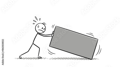 Stressed Stick Figure Person Struggling to Push a Heavy Gray Block, Showing Effort and Challenge on an Isolated White Background
