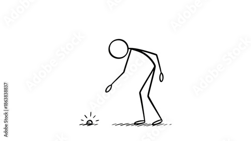 Stick Figure Cartoon Man Bending Down and Looking at Something Small on the Ground, Appearing Curious and Searching on Isolated White Background.