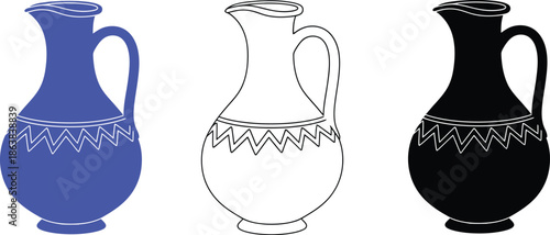 A set of three ancient style vases in different colors and designs on a white background