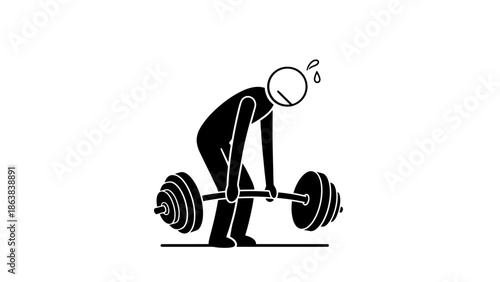 Stick Figure Man Struggling While Lifting Heavy Weights, Engaged in Strenuous Strength Training Exercise with Sweat on Isolated White Background