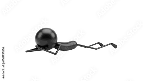 Glossy Black 3D Stick Figure Lying Down Relaxed on Stomach, Resting Peacefully on Isolated White Background