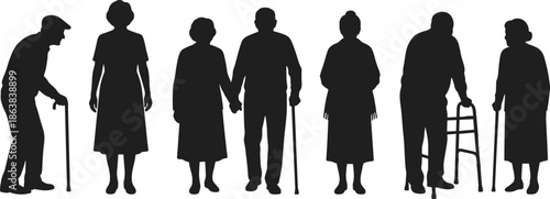 Senior people silhouettes with walking canes and walkers, representing aging, retirement, healthcare, support, longevity, elderly care, assisted living concept illustration