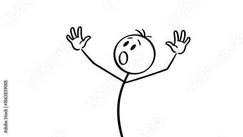 Surprised Stick Figure with Hands Raised in Disbelief, Isolated White Background
