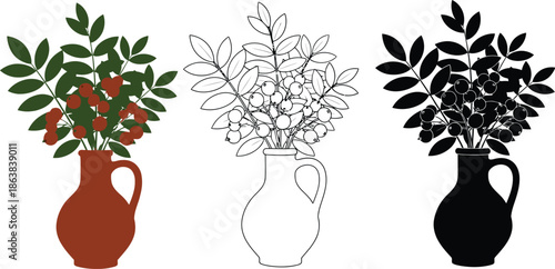 Three vases with flowers in different colors and styles on a white background