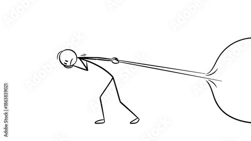 Stick Figure Man Pulling Heavy Object with Great Effort and Determination on Isolated White Background