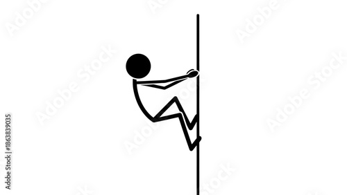 Stick Figure Man Climbing a Wall or Vertical Surface with Gripping Effort on Isolated White Background
