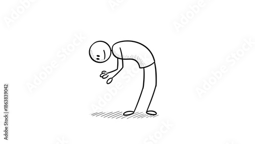 Stick Figure Man Bending Over Looking Down, Conveying Sadness or Exhaustion on Isolated White Background