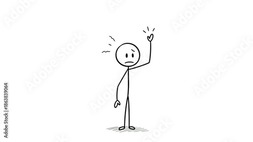 Stick Figure Man Suffering from Headache or Pain with Raised Hand and Distressed Expression on Isolated White Background