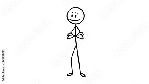 Stick Figure Man Standing Confidently with Arms Crossed on Isolated White Background