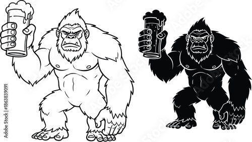 A cartoon gorilla in different styles holding a beer glass in its hand