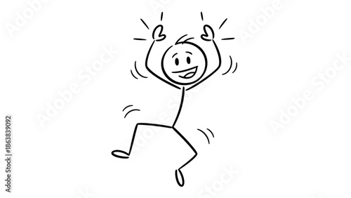 Ecstatic Stick Figure Jumping and Celebrating with Joy, Isolated White Background
