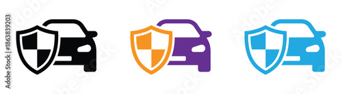 Car protection vector signs set. Car insurance vector icons set. Car protection and safety icons in different colors. Car insurance shield icon set. 
