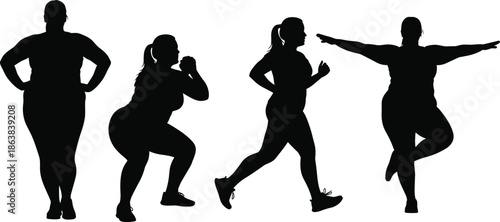 Woman fitness transformation silhouettes showing weight loss journey from obesity to healthy active lifestyle, representing motivation, exercise, wellness, self improvement concept